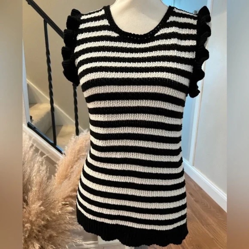 Design History Black & White Striped Knit Top with ruffle detail